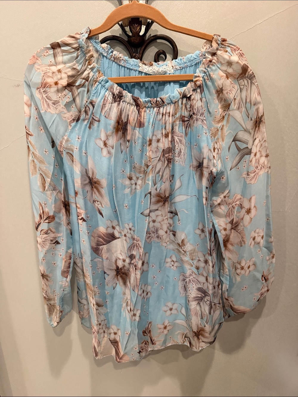 Light Blue Floral Off-Shoulder Peasant Blouse